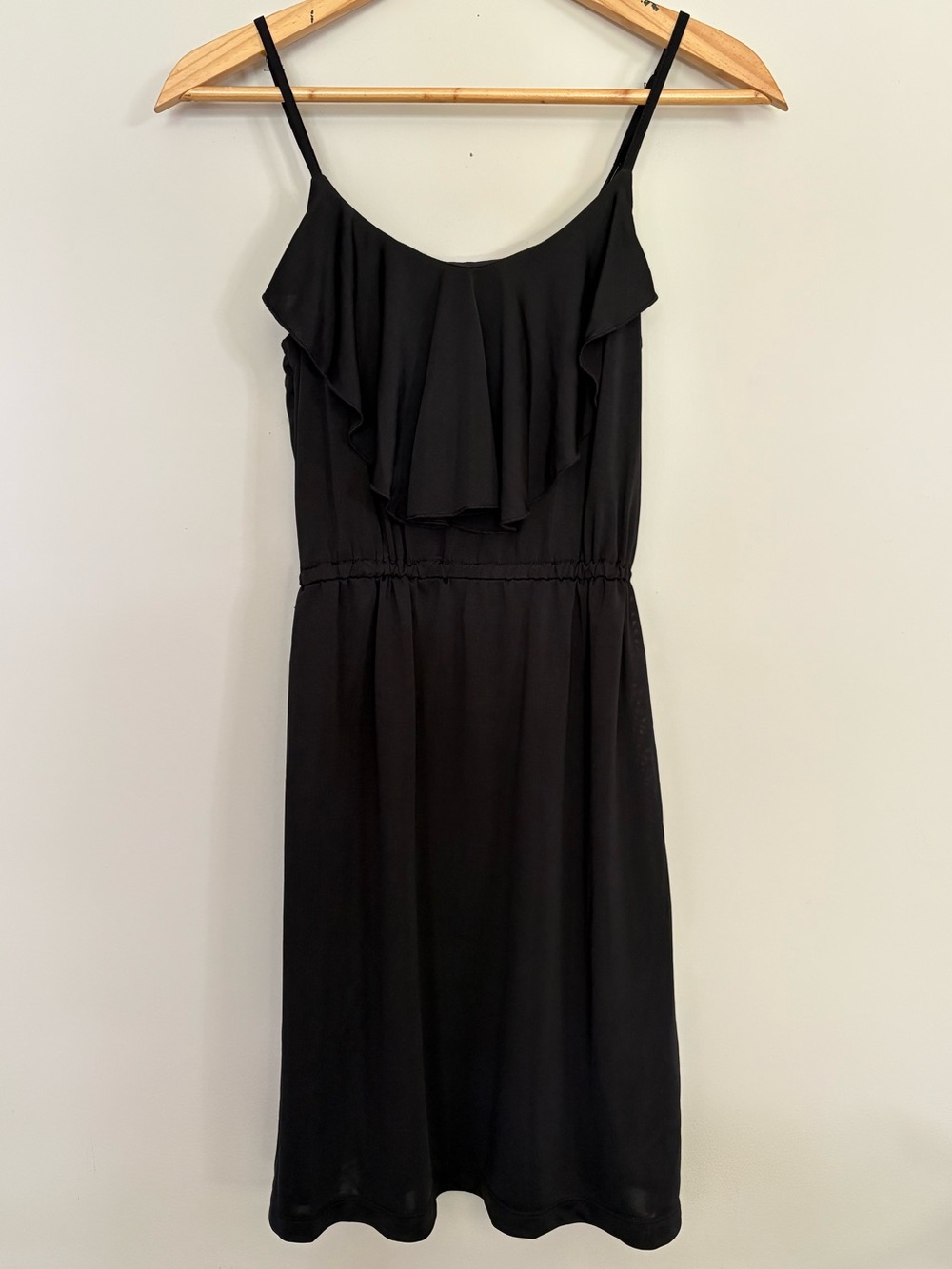 Women's Small Black Ruffle Mini Dress Spaghetti Strap Fit Flare Y2K Club Outfit
